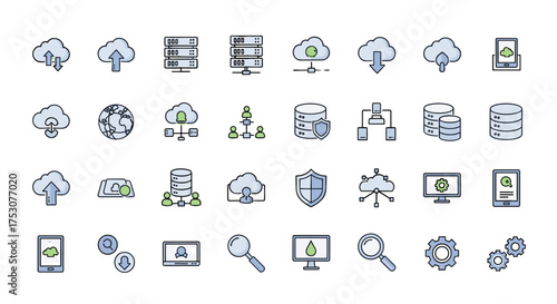 Cloud computing icon set. Data storage, server, database, network security, hosting. Big data technology, global connection. Vector line icons for web and mobile interface.