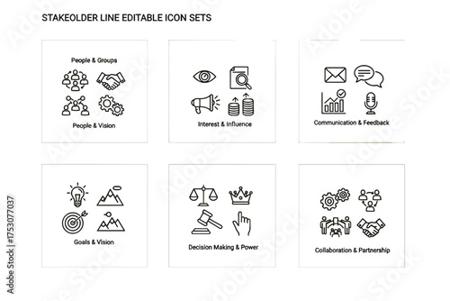 Stakeholder line editable icon set. Concepts of business, people, groups, vision, interest, influence, communication, feedback, goals, decision making, power, collaboration.