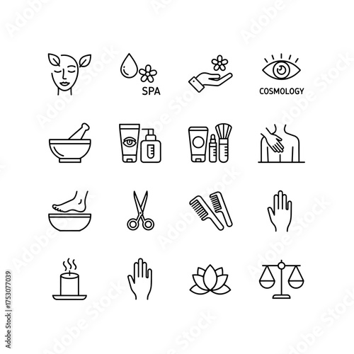 Spa and beauty thin line icon set. Vector collection of symbols for cosmetology, wellness, skincare, and massage. Natural cosmetics, pedicure, haircut pictograms for salon.