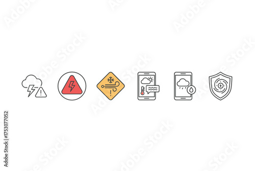 Weather forecast and severe storm warning vector icon set. Mobile app alerts for thunderstorm, blizzard, rain. Includes hurricane protection shield and lightning danger sign.
