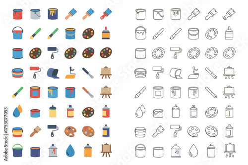 Big collection of painting tools icons. Includes paint can, brush, roller, palette, easel. Flat and line art style. For art, craft, renovation, and DIY projects.