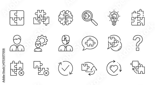 Puzzle and problem-solving line icon set. Concepts of logic, strategy, teamwork, and solution. Brain, idea lightbulb, question mark, and mental health symbols vector.
