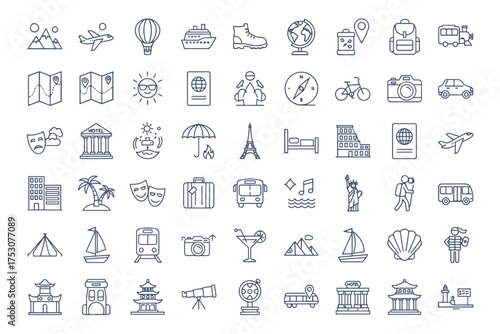 Travel and tourism icon set. Vector line art symbols for vacation, holiday, journey. Transportation, world landmarks, hotel, passport, map, adventure gear for website and mobile.