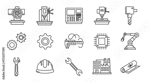 Engineering and manufacturing line icon set. CNC machine, robotic arm, factory, gears. Industrial production, automation, and technology vector symbols for design.