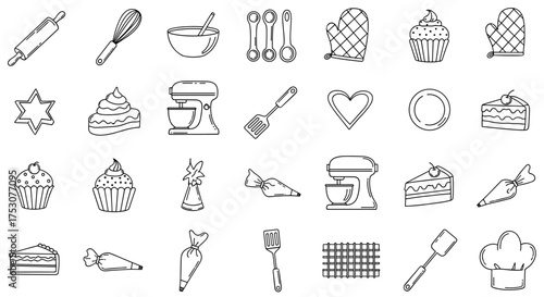 Baking and pastry line icon set. Kitchen utensils for cooking desserts. Vector outline collection of doodle elements like mixer, whisk, cake, cupcake, and rolling pin.