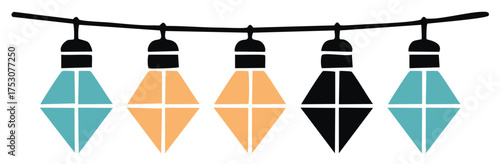 Decorative string lights of different colors, festive design, geometric style