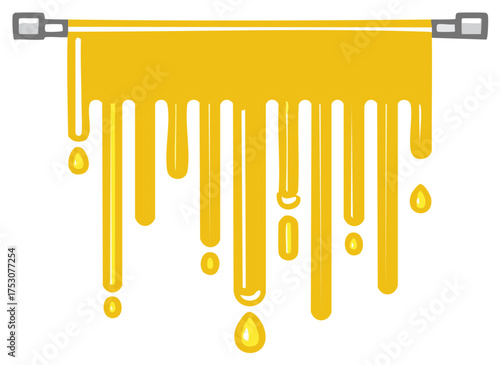 Golden yellow viscous liquid dripping slowly from a horizontal bar creating sweet sticky drops cartoon illustration