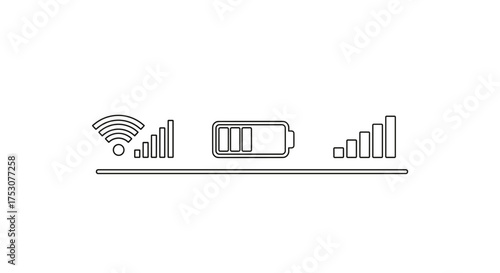 Wireless WiFi signal strength and mobile network bars with battery power icon, digital connectivity symbols, technology communication, internet access indicators
