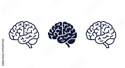 Human brain icons set with detailed cerebral cortex and cerebellum design, medical and neuroscience vector illustration showing brain anatomy, mental health, cognition, intelligence concept