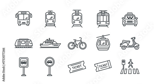 Vector icons of various transportation modes and travel elements including bus, tram, taxi, ferry, bicycle, cable car, scooter, traffic signs, tickets, and pedestrian crossing symbols in line style