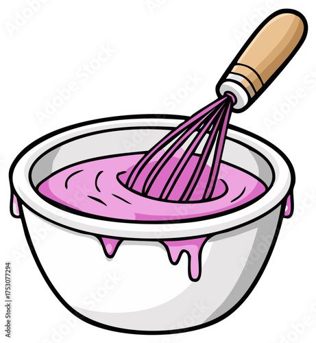 Whisk mixing pink batter or frosting in bowl Preparing delicious homemade dessert illustration