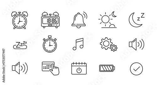Alarm clock icon set for time management, sleep schedule, and wake up concepts. Vector line symbols for timer, notification, day night cycle, calendar, and sound settings.