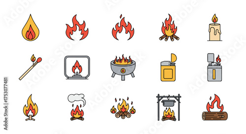 Fire flame line icon set. Bonfire, campfire, burning candle, matchstick, lighter, and grill symbols. Heat and energy concept. Flat vector illustration collection for web and apps.