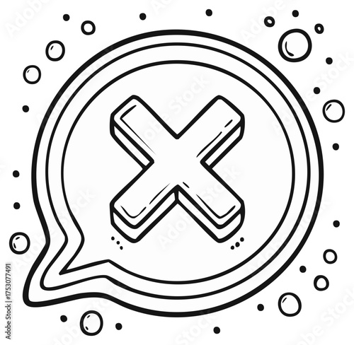 Hand Drawn Speech Bubble With a 3D Cross Mark Inside, Error Icon Concept