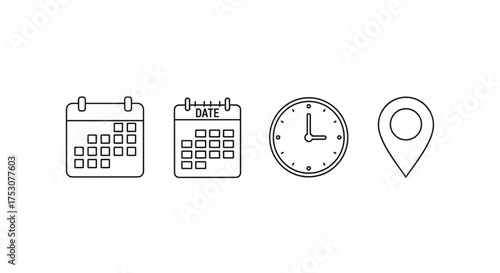 Date, time, location icon set. Calendar, clock, map pin symbols. Linear vector graphic elements for scheduling events, appointments, and reminders. Simple outline design.