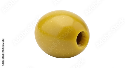 Isolated green olive with pitted center close up, food ingredient for recipes, healthy snack