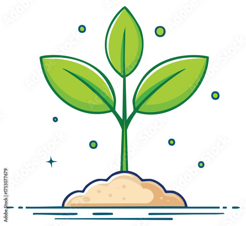 Green sprout growing from fertile soil with dew drops and sparkles