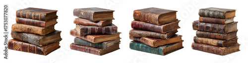 Vintage leather bound book stack, antique collection, knowledge and history, warm lighting, natural composition, scholarly mood, perfect for educational design PNG set with transparent background