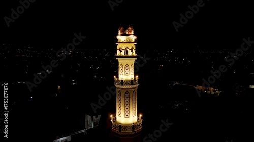 Aerial view of mosque at night in Malang, Indonesia