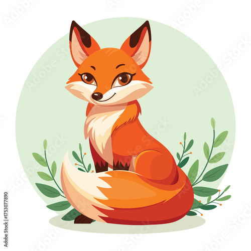 Cute and elegant forest fox with bright orange fur and beautiful eyes, sits calmly with green plants on white background. Vector illustration for wildlife, forest animals, or eco-friendly designs.