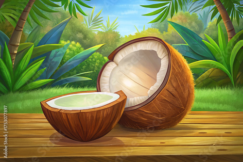 A tropical coconut cracked open on a wooden table, white flesh visible inside, soft natural lighting, healthy tropical refreshment and organic beach-inspired food composition.