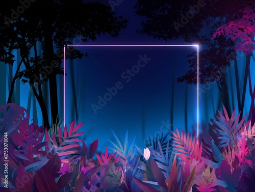 Neon glowing frame highlighting tropical leaves in dark jungle. Frame and retro concept
