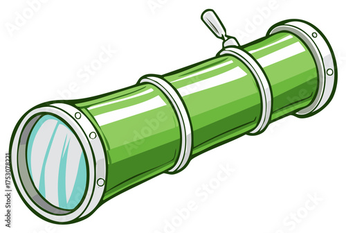 Cartoon green spyglass with a telescopic lens for observation and discovery