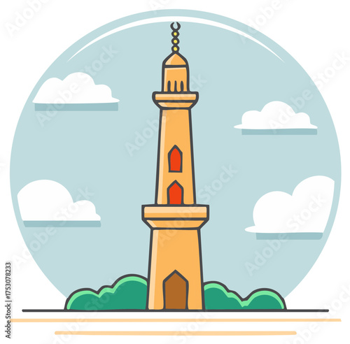 Cartoon minaret tower building with crescent symbol and clouds in flat illustration style