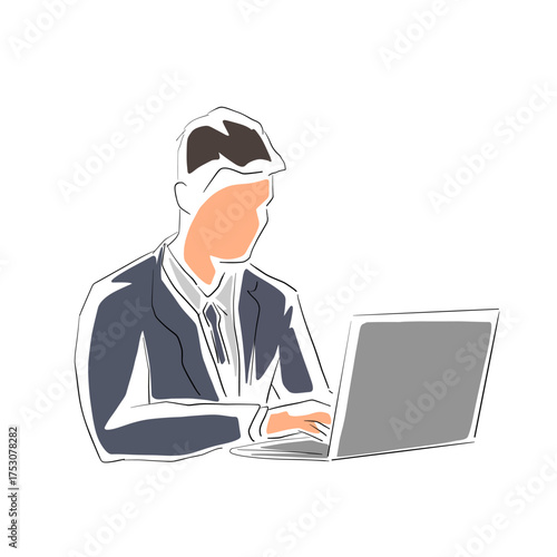 Man in office working on laptop, business man in suit. Isolated flat design vector illustration. Line art clip art