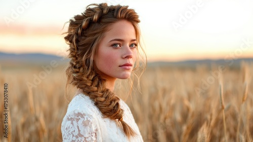 This stunning portrait features a fashionable young woman in a wheat field at sunset, capturing themes of beauty, nature, and rural elegance in a serene outdoor setting.
