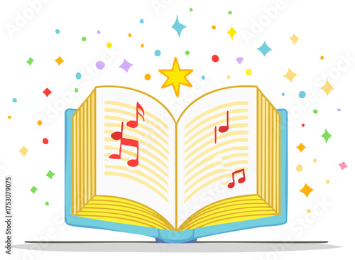 Open book with musical notes and shiny stars illustration, music concept