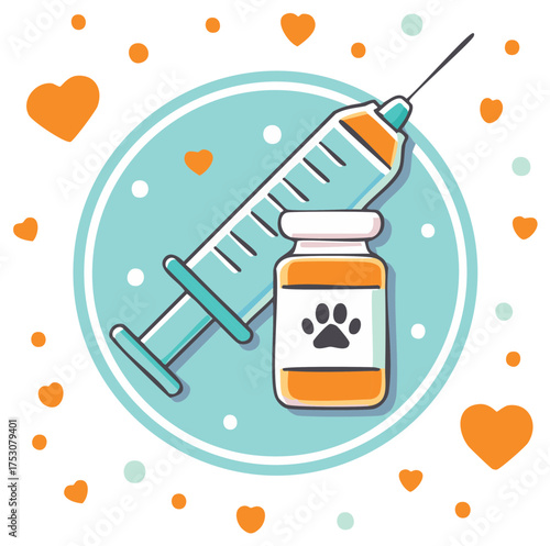 Pet vaccine illustration syringe and medicine bottle with paw print cute heart shapes for animal care and veterinary clinic graphic