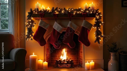 Cozy Christmas fireplace with stockings and candles glowing  