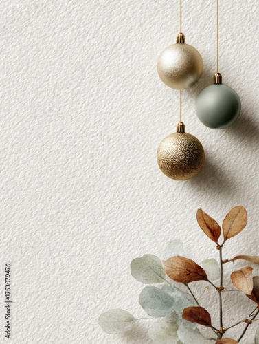 Minimalist Christmas composition with gold and green ornaments hanging above dried leaves on a textured beige background.