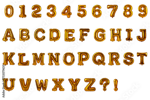 Gold Balloons Alphabet & Numbers Set . Isolated Characters. Transparent background. 3D.