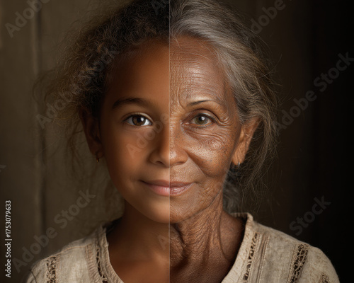 Conceptual photo showing half of a young girl’s face and half of an elderly woman’s face merged together, symbolizing life’s stages and continuity.