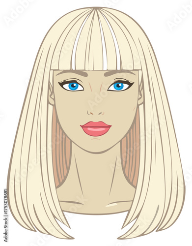 Female Portrait Illustration with Blonde Hair and Blue Eyes Straight Bob Hairstyle