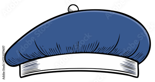 Illustration of a stylish blue beret with a white band for graphic design projects