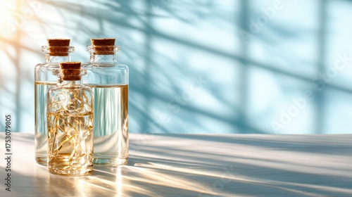 Three glass bottles filled with liquid reflect soft sunlight and shadows, creating a peaceful and serene atmosphere, emphasizing simplicity and elegance in design.