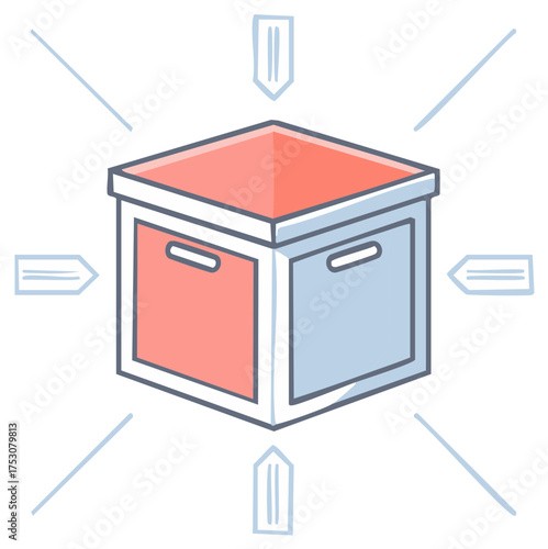 Hand drawn illustration of a storage box with handles and surrounding directional arrows