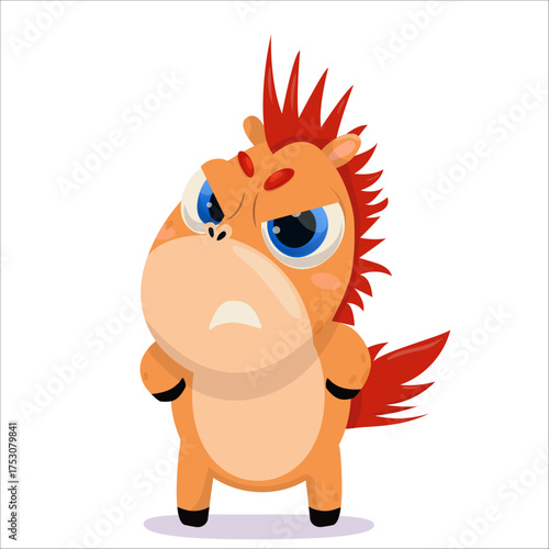 Vector illustration of an angry horse. Horse, character, 2026, Horoscope, cute, drinking, pony, childish, funny, Chinese, anger, rage, emotion, discontent