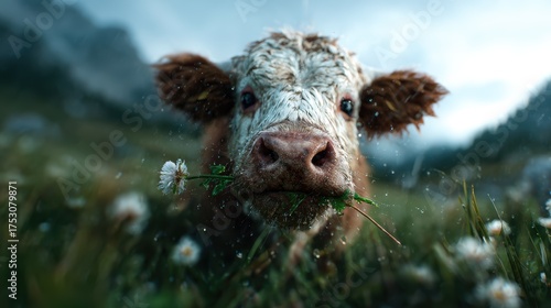A close-up shot of a cow in a vibrant field, showcasing its interesting expressions while chewing on a flower, surrounded by greenery and mountains in the background.