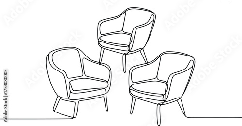 Three armchairs in one continuous line drawing isolated on white background, furniture concept