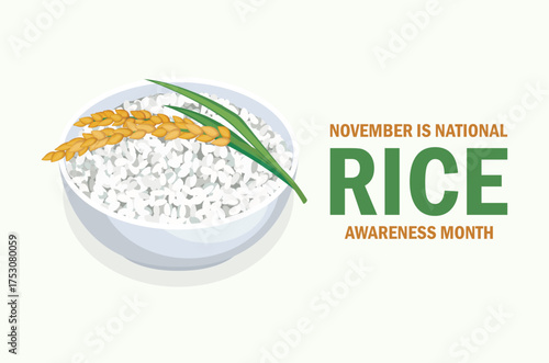 November is National Rice Awareness Month poster vector illustration. Bowl of rice and rice plant vector. Template for background, banner, card. Important day