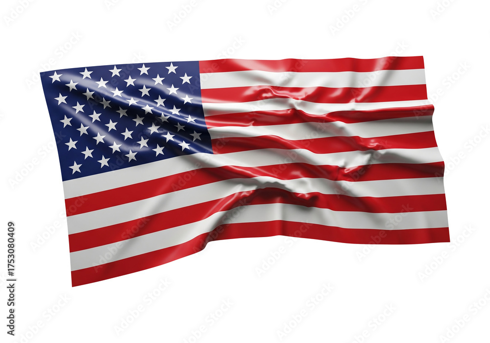 Fototapeta premium Realistic American flag with a rippled fabric texture, waving proudly. A patriotic symbol of the USA, stars and stripes isolated on a white background