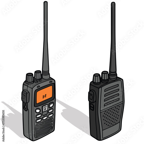 A realistic vector illustration of two black walkie-talkies (two-way radios). The radios are identical models shown from slightly different angles. The one on the left displays an orange screen.
