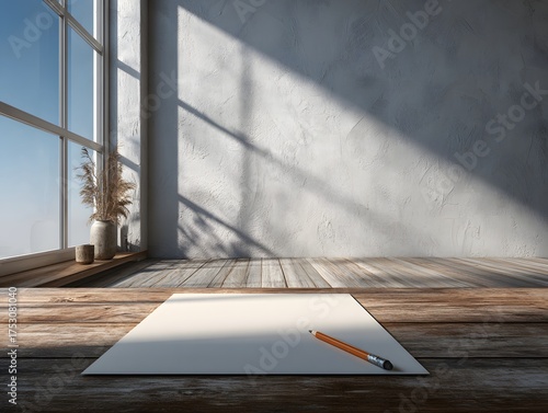 Wooden desk with a white sheet of paper and a pencil on it. The room is empty and has a lot of natural light coming in from the window