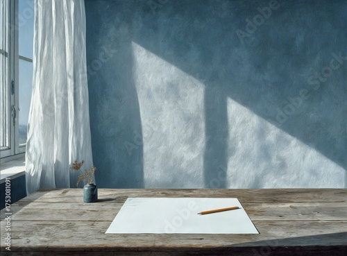 Desk with a vase and a pencil on a piece of paper. The room is empty and the window is open