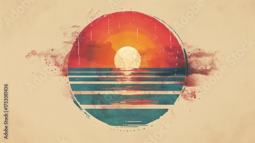 Abstract features a half-circle sun rising above horizontal stripes, representing the sea, set against a soft background