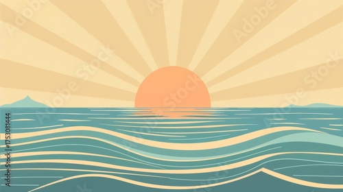Abstract features a half-circle sun rising above horizontal stripes, representing the sea, set against a soft background